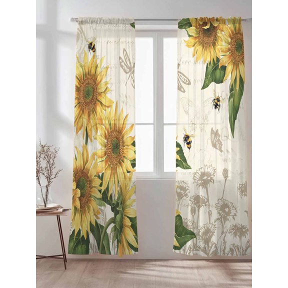 Watercolor Sunflower Bee Dragonfly Sheer Curtains 2 Panels Set Country Floral Retro Letter Lihgt Filtering Rod Pocket Voile Drape,Semi Sheer Window Curtains for Bedroom Living Room,52"x84"