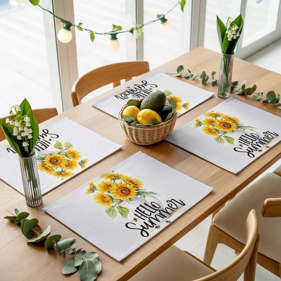 Watercolor Sunflower Bee Floral Placemats Set of 4,Wipeable Washable Table Mats for Dining Tables, Hello Summer Quotes Place Mats for Kitchen Event Party Tabletop Decor