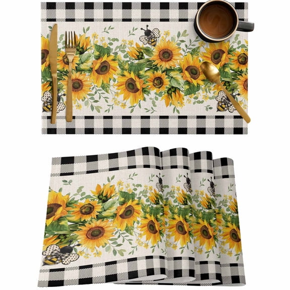 Watercolor Sunflower Bee Green Leaves Placemats Set of 4,Wipeable Washable Table Mats for Dining Tables,Black Buffalo Plaid Place Mats for Kitchen Event Party Tabletop Decor