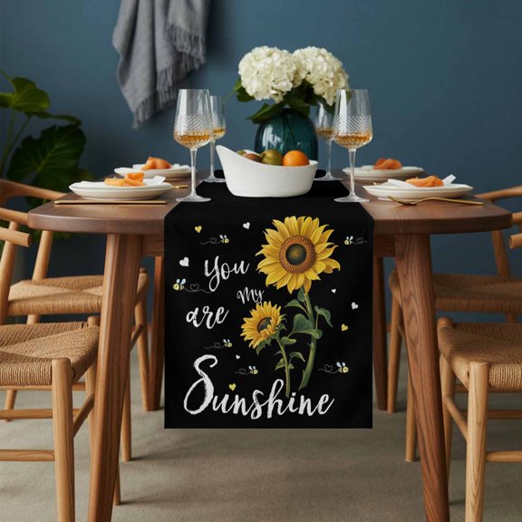 Watercolor Sunflower Bee Love Table Runner-36 Inch Long Sunshine Quote Black Back Table Runners Linen Burlap Tablerunner for Kitchen Dining Room Holiday Party