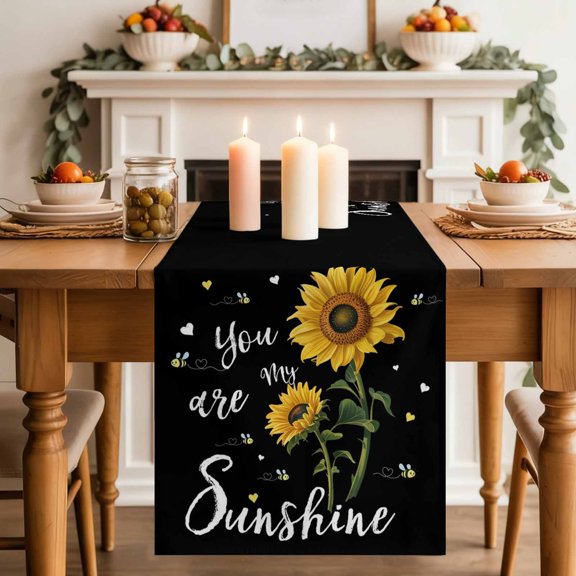 Watercolor Sunflower Bee Love Table Runner 70 Inches Long,Kitchen Dining Tablerunners Sunshine Quote Black Back Linen Table Runners Dresser Scarves for Home Dinner Wedding Holiday Party Decor