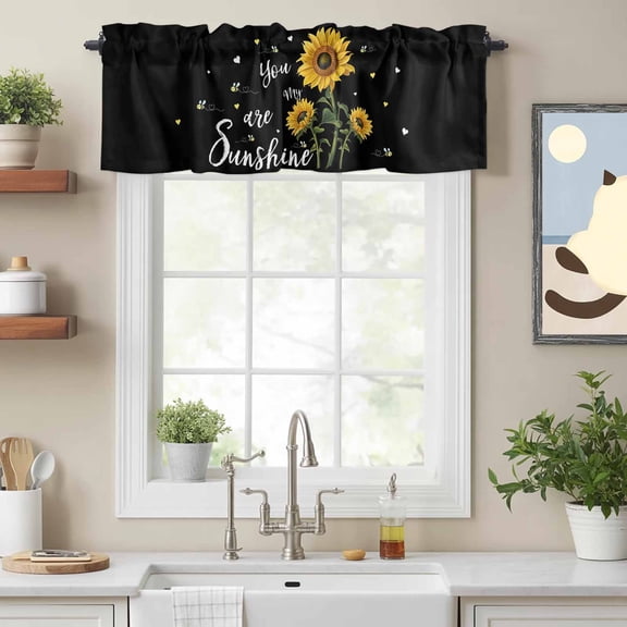Watercolor Sunflower Bee Love Valances for Windows,Rod Pocket Valance for Kitchen Bedroom Bathroom Living Room,Sunshine Quote Black Back Window Valance Curtain Home Decor Short Curtains 54x18in