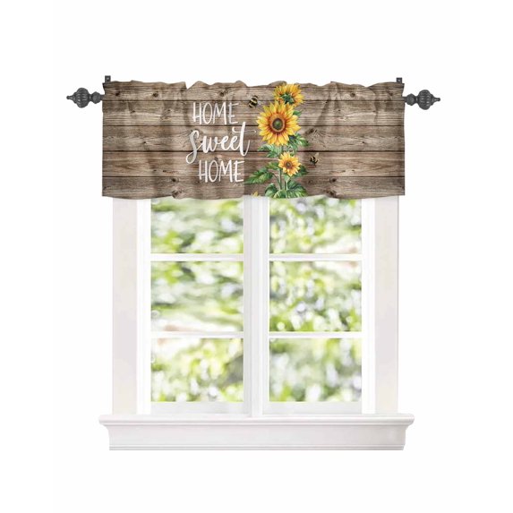 Watercolor Sunflower Bee on Wood Curtain Valances for Kitchen Windows,Rod Pocket Short Valance Home Quote Brown Wooden Window Treatment for Living Room Bathroom Bedroom,42" x 18"-1 Panel