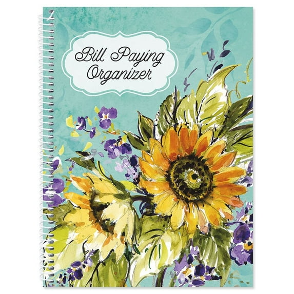 Watercolor Sunflower Bill Paying Organizer - Spiral account book, 9" by 12 inch, 14 Pockets, Receipt Storage