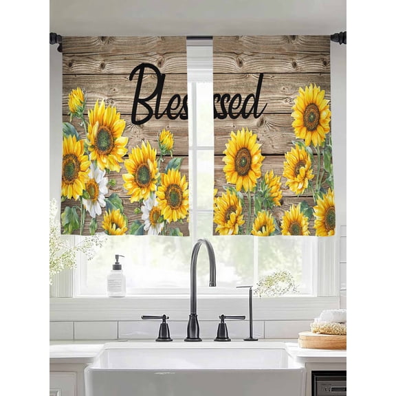 Watercolor Sunflower Blessed Quote Chiffon Sheer Curtains 45 Inches Long, Farm Brown Wood Board 2 Rod Pocket Window Treatment Voile Drapes Curtains for Living Room Bedroom,2 Panels, 52x45In