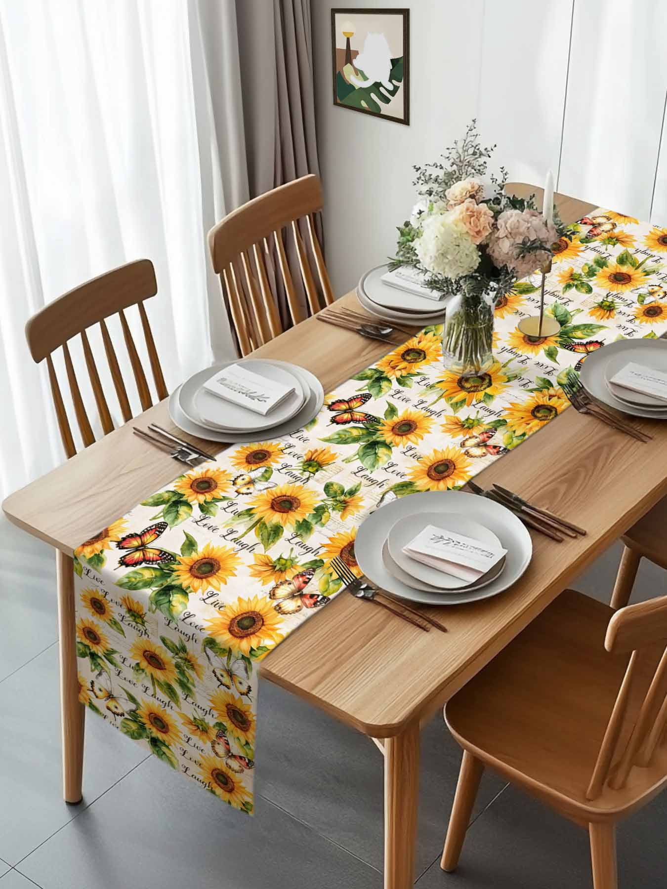 Watercolor Sunflower Butterfly Green Plants Table Runner 90 Inches Long, Blossom Floral Seamless Table Runners Tabletop Scarf Kitchen Dining Tables Decoration for Home Party Indoor Outdoor