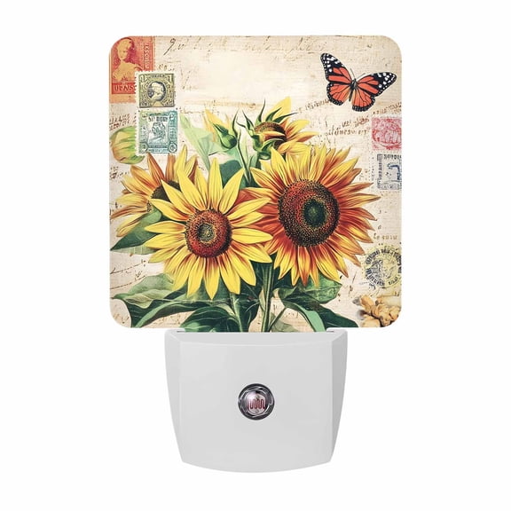 Watercolor Sunflower Butterfly Plug-in LED Night Lights Vintage Letter Auto Dusk-to-Dawn Sensor for Bedroom, Bathroom, Kitchen, Nursery, Hallway, Stairs, Wall Home Decor