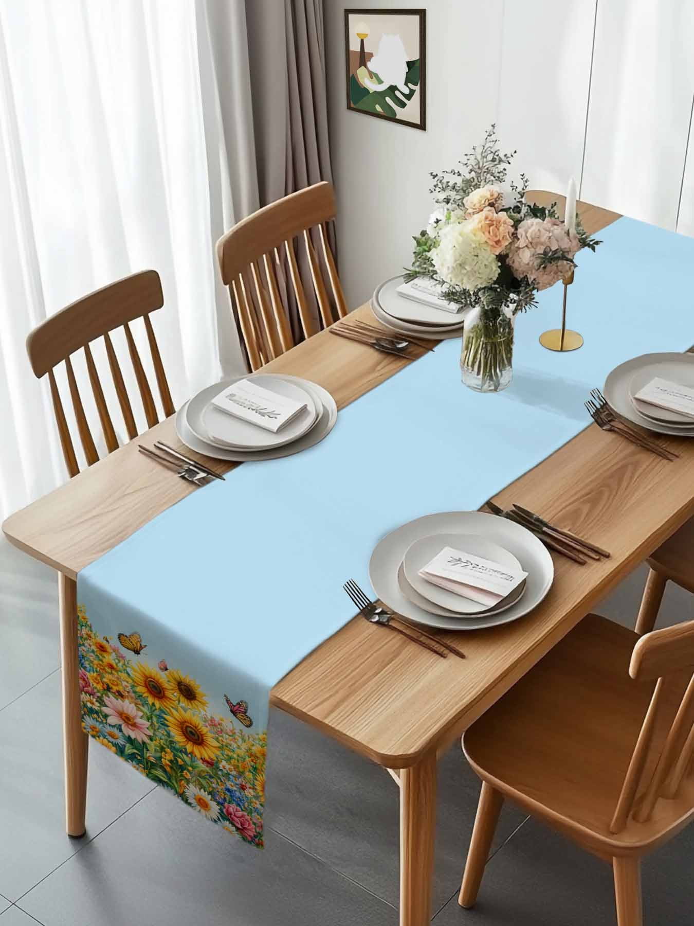 Watercolor Sunflower Butterfly Table Runner 90 Inches Long, Summer Garden Pastoral Plants Table Runners Tabletop Scarf Kitchen Dining Tables Decoration for Home Party Indoor Outdoor