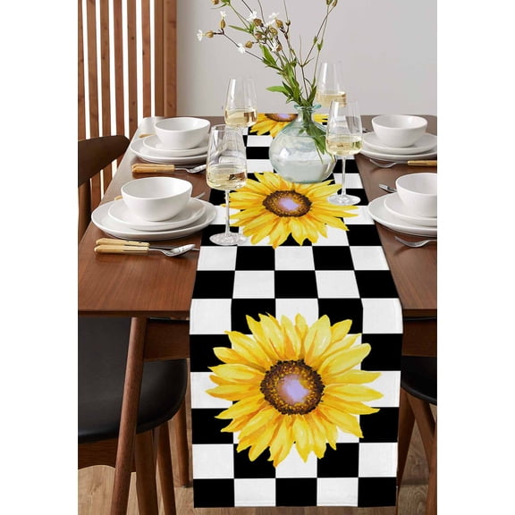 Watercolor Sunflower on Checkered Table Runner 13x72in Non-Slip Cotton Linen Table Runners, Yellow Black White Dresser Scarves TableRunner for Dinner Kitchen Dining Wedding Party