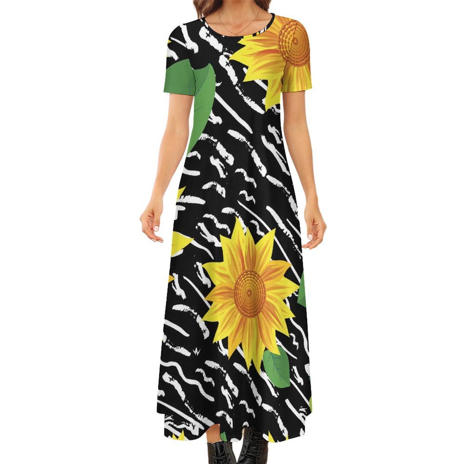 Watercolor Sunflower Dress Yellow Floral Pirnt Street Wear Boho Beach ...