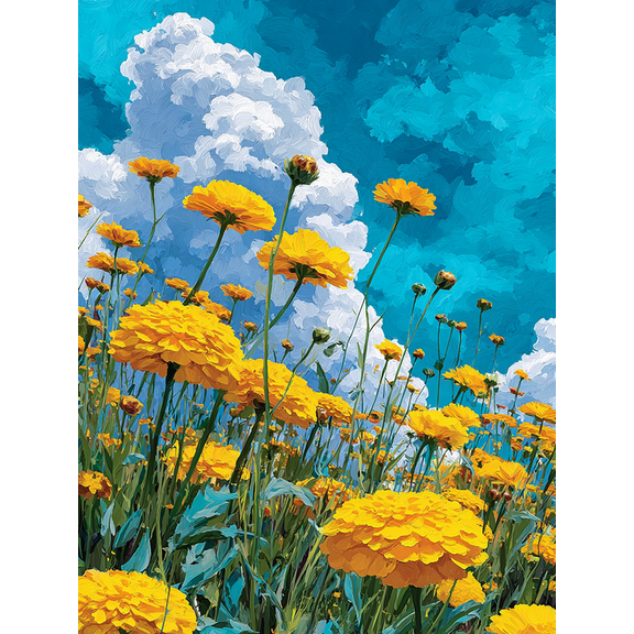 Watercolor Sunflower Field Blue Sky Canvas Print, Modern Floral Home Bedroom Living Room Wall Decor Art