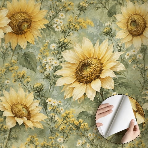Watercolor Sunflower Floral Wallpaper Rustic Farmhouse Vintage Peel and Stick Wallpaper Contact Paper Waterproof Wall Decor for Bedroom Living Room Dorm Room Kitchen Cabinet 17.7 * 118 in