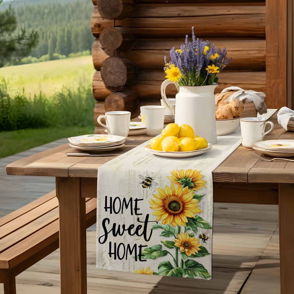 Watercolor Sunflower Green Leaves Bee Table Runner 13x70in Non-Slip Cotton Linen Table Runners, Vintage Stamp Letter Dresser Scarves TableRunner for Dinner Kitchen Dining Wedding Party