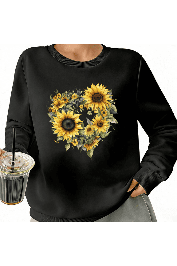 Watercolor Sunflower Heart Womans Print Sweatshirt Graphic Sweatshirt Black White S-3XL Floral Casual Tops