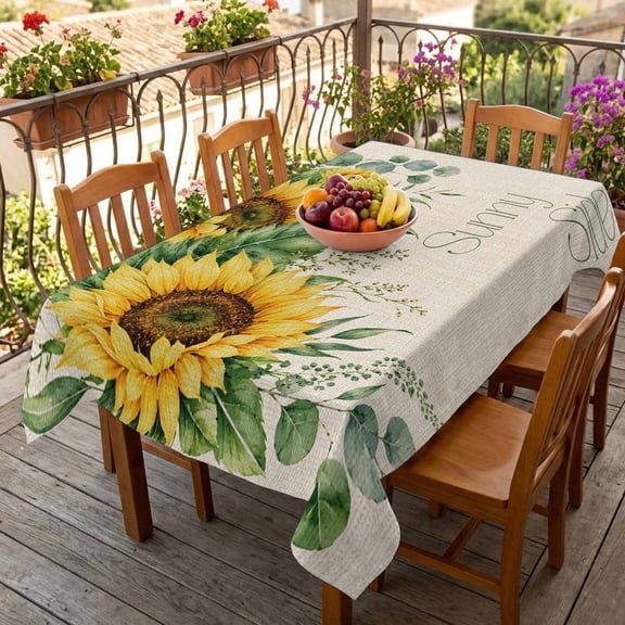Watercolor Sunflower on Linen Table Cloth 60x84in, Waterproof Rectangle Tablecloth Wipeable Tablecloths Rustic Floral Eucalyptus Leaves Table Covers for Dining Tables Party Indoor Outdoor