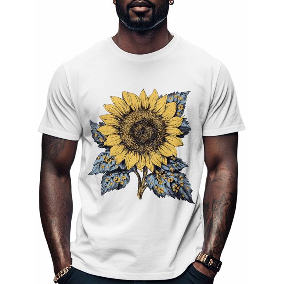 Watercolor Sunflower Men's T Shirts Yellow Floral T-Shirt for Men Crew Neck Tees Cotton Tops, White, 2XL