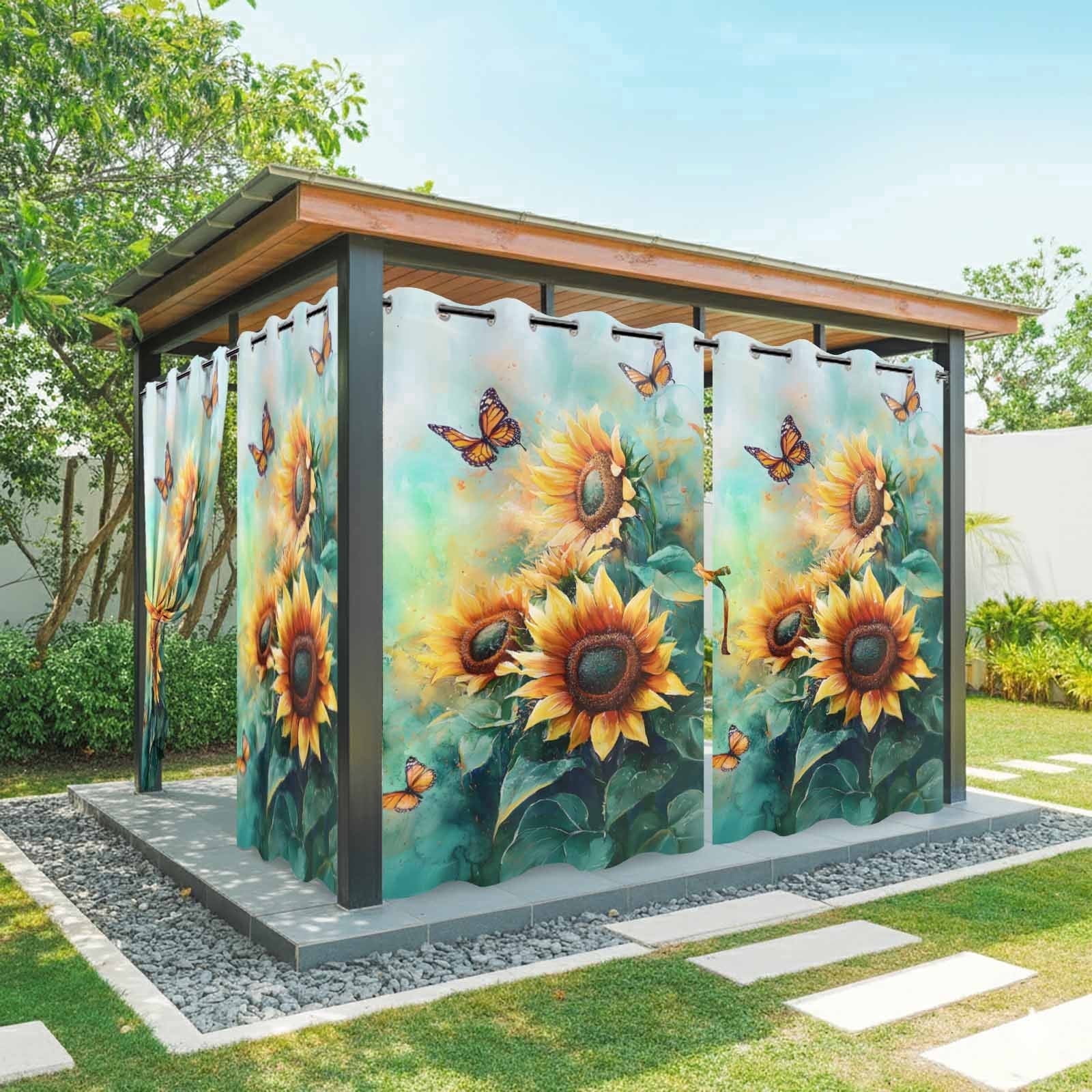 Watercolor Sunflower Outdoor Curtains for Patio Waterproof, Floral Butterfly Teal Green Leaf Grommet Curtains for Porch Outside Privacy Drape for Gazebo Garden Pergola, 2 Panels, 54x108in