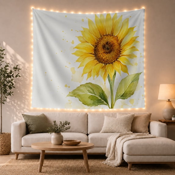 Watercolor Sunflower Painting Against White Background, Cheerful Boho for Art Lovers, Home Wall Decor, Birthday Gift, Tapestry Wall Hanging for Bedroom and Living Room