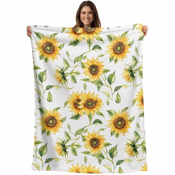 Watercolor Sunflower Pattern Throw Blankets, Floral Botanical Print Soft Fleece Blanket Decorative for Home Sofa Couch Chair Living Bedroom, 40x50 inches,