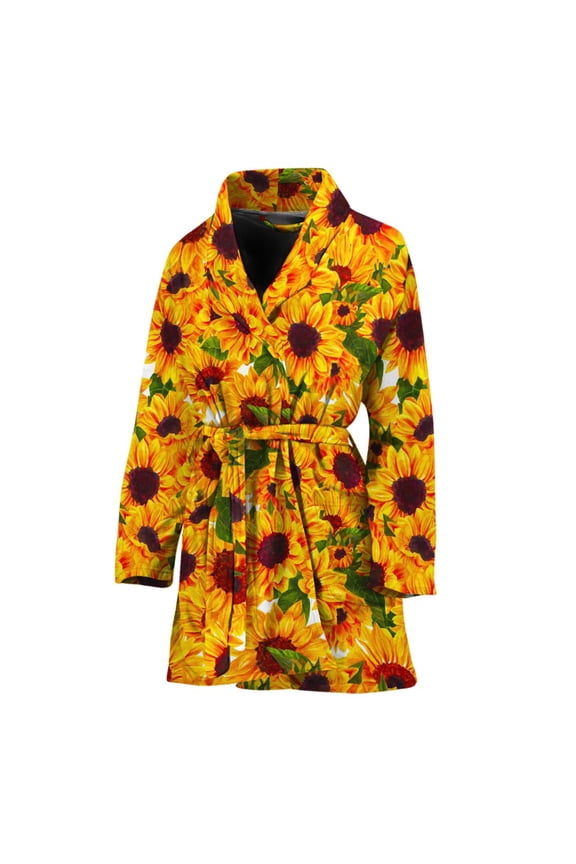 Watercolor Sunflower Pattern Women Bathrobe One Size Univeral Fits, Sunflower Flower Floral Fashion Lightweight Plush Fleece Long Robe For Women