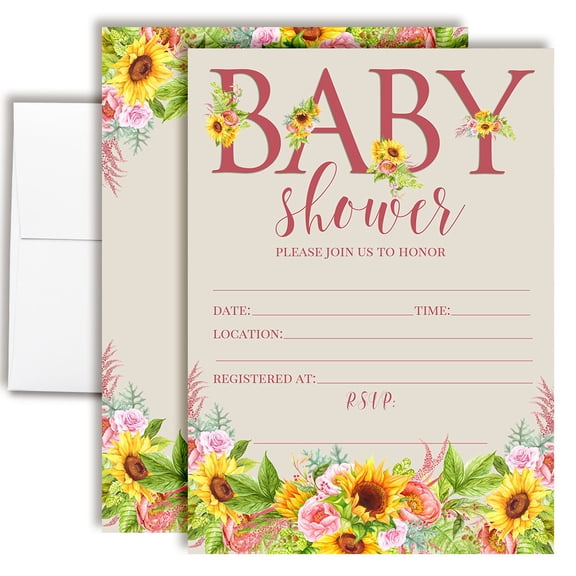 Watercolor Sunflower & Peony Floral Baby Shower Invitations, 20 Fill-In Cards with Envelopes, 5x7 Baby Shower Invites & Supplies, New Baby Celebration Cards, Made in USA by Amanda Creation