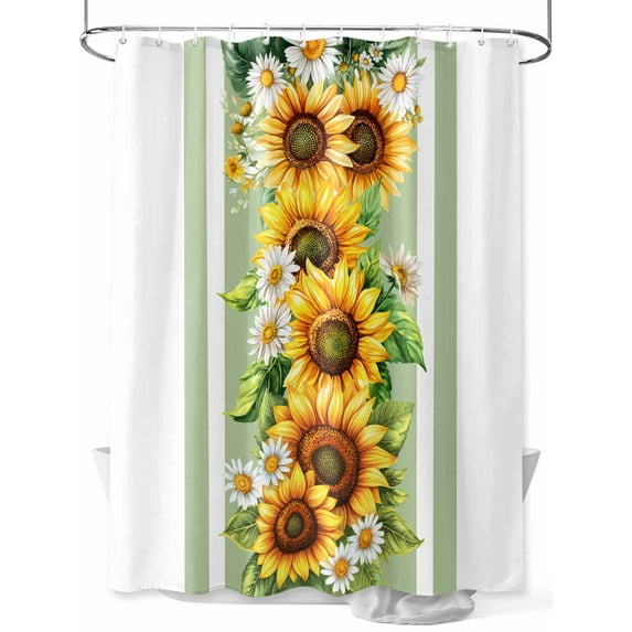 Watercolor Sunflower Shower Curtain, Summer Sage Green Striped Bathroom Decor Curtains Set with Hooks, Waterproof Fabric Home Accessories， Stall 48 X 72 Inch