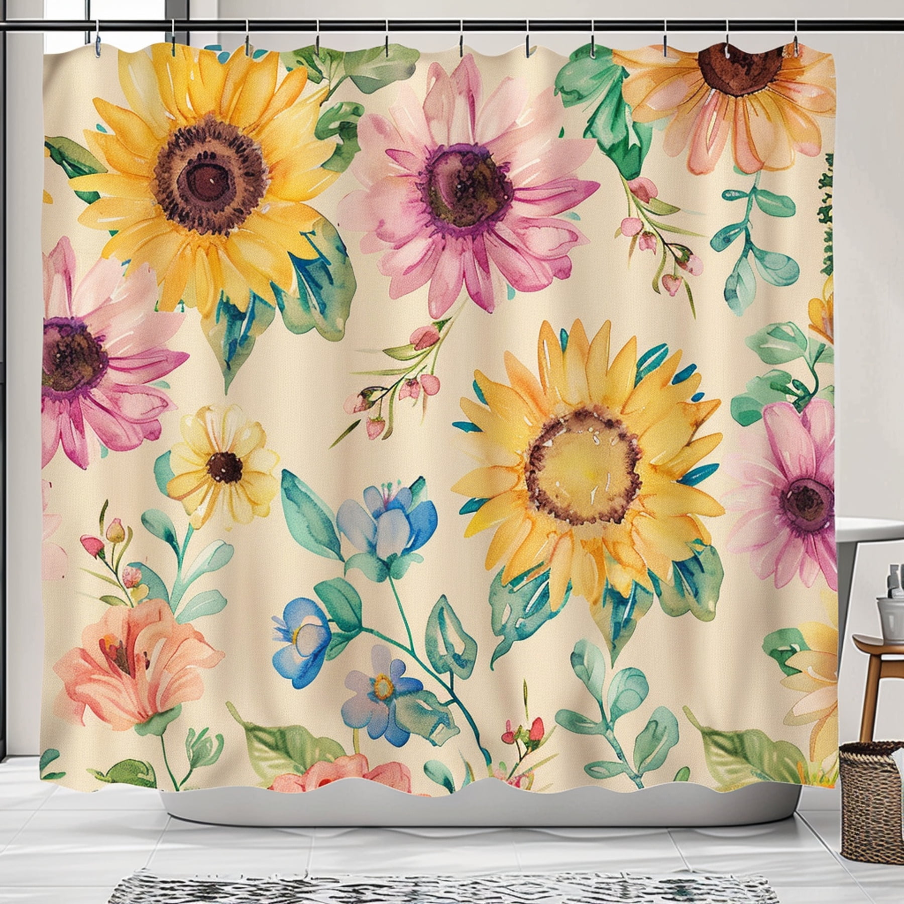 Watercolor Sunflower and Floral Pattern Shower Curtain Pastel Colors ...