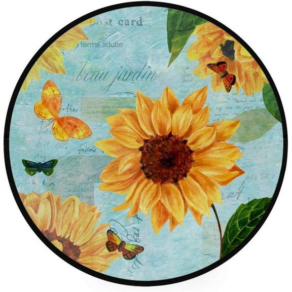 Watercolor Sunflowers and Butterflies Elastic Fitted Edged Round Tablecloth Waterproof Anti-Shrink Soft Polyester Table Cloth Washable Table Cover for Banquet Home Indoor or Outdoor 72"X 72"