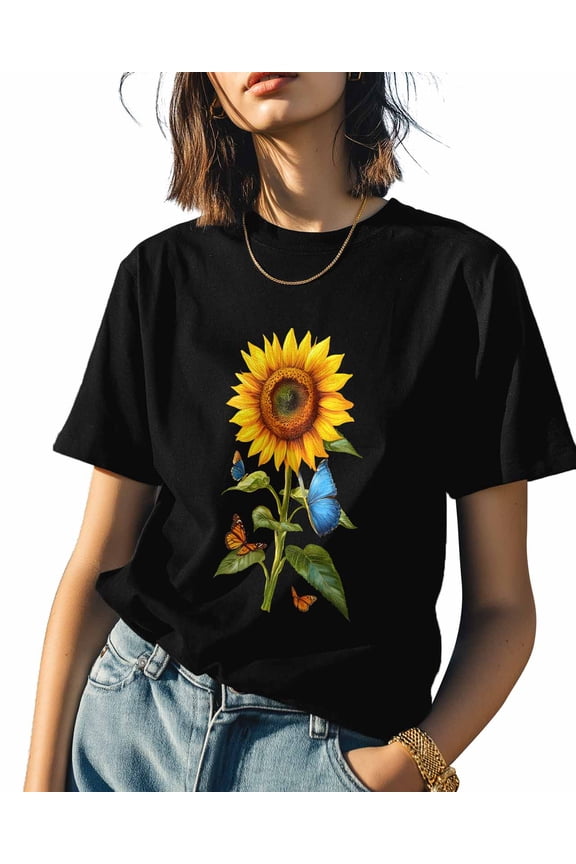 Watercolor Sunflowers Butterfly Womens Tshirt Graphic Tees Cotton Crew Neck T-Shirts, Casual Short Sleeve Shirts for Women Teen Girl Green Plant