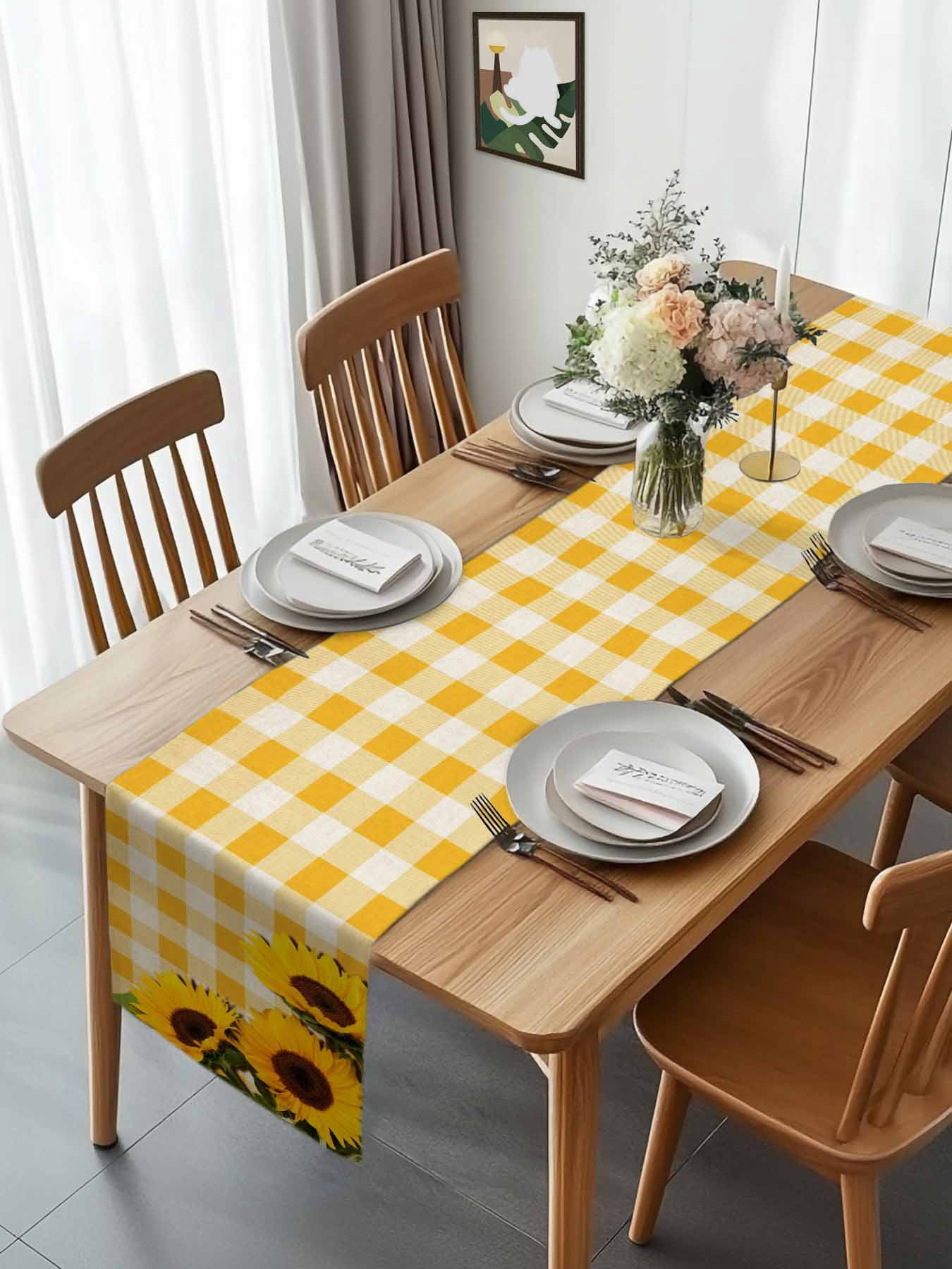 Watercolor Sunflowers Leaves on Retro Table Runner 90 Inches Long, Yellow White Plaid Table Runners Tabletop Scarf Kitchen Dining Tables Decoration for Home Party Indoor Outdoor