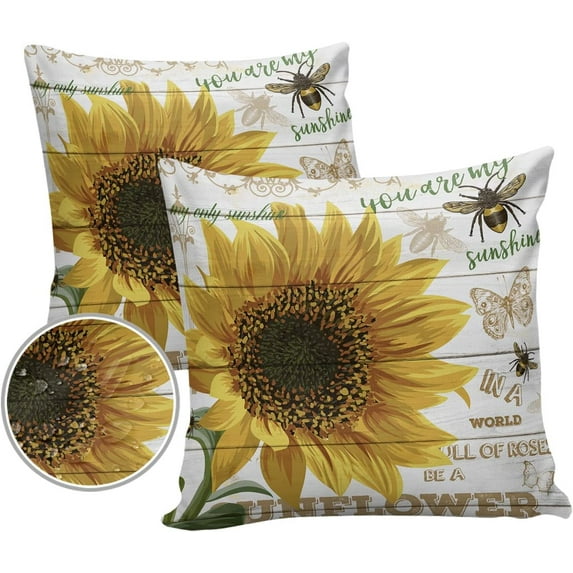 Watercolor Sunflowers Outdoor Pillow Covers Set of 2, Farm Honey Bee Butterfly Decorative Waterproof Throw Pillowcase Vintage Wood Planks Cotton Linen Soft Cozy Cushion Cover Pillowsham 16x16In