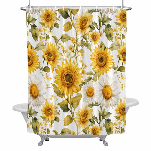 Watercolor Sunflowers Shower Curtain for Bathroom, Yellow Green Leaf Vintage Country Waterproof Cloth Fabric Bathroom Accessories Set with 12 Rust Proof Plastic Hooks, 72"x72"