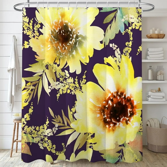 Watercolor Sunflowers Shower Curtain Sets,Yellow Flowers Bathroom Curtains,Modern Minimalist White Bath Curtain,Waterproof Fabric with 12 Hooks 72x72 Inches