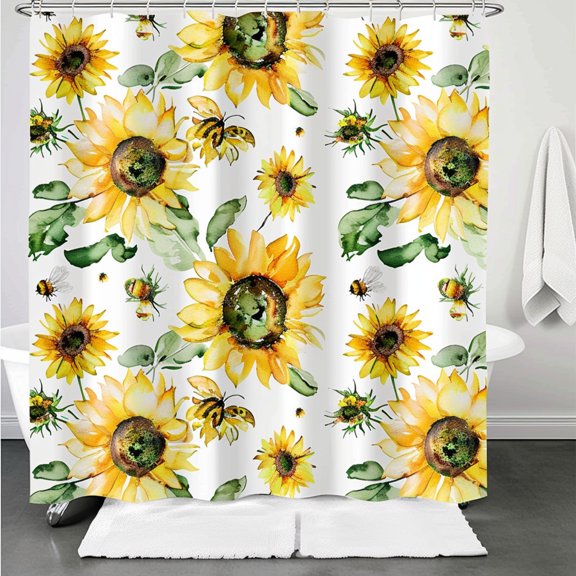 Watercolor Sunflowers and Bees Bathroom Decor Set with Shower Curtain Bathrobe and Accessories White Background Theme