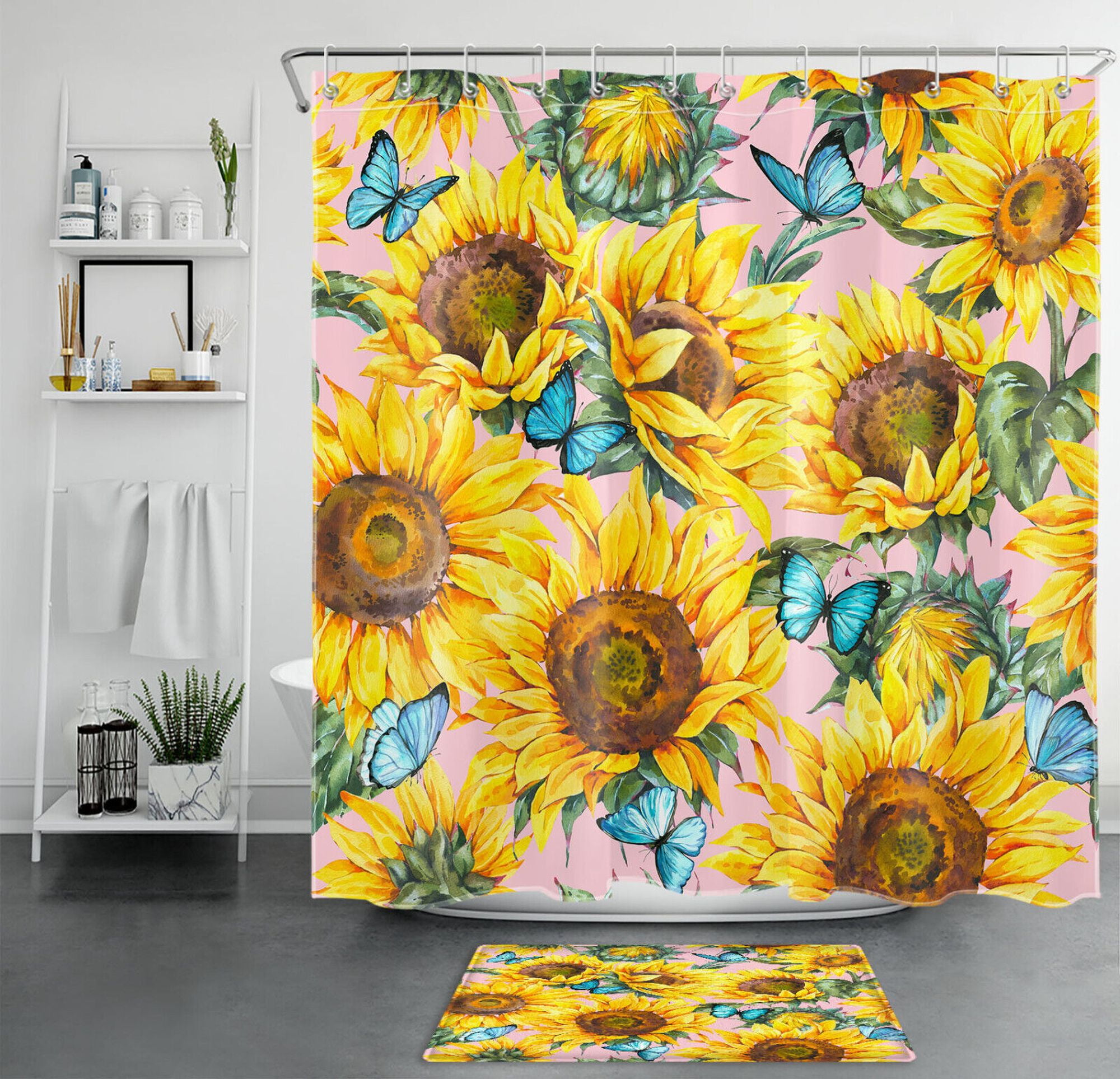 Watercolor Sunflowers and Butterflies Shower Curtain Elevate Your