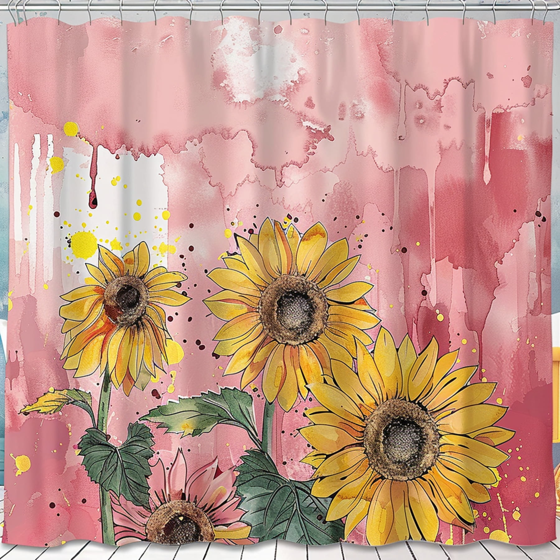 Watercolor Sunflowers on Pink Vintage Style Bathroom Curtain with Paint