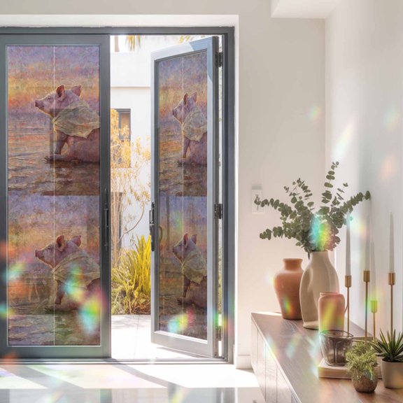 Watercolor Sunset Beach Pig Art Window Privacy Film, Rainbow Film Decorative Window Sticker 23.6x78.7in, Summer Beach Sun Blocking Static Stained Glass Cling Tint Non-Adhesive