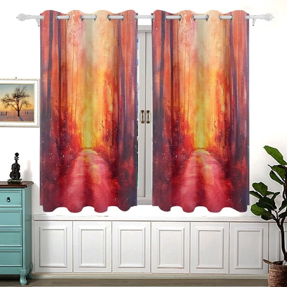 Watercolor Sunset Forest Path Blackout Curtains for Living Room Bedroom 55W x 54L Insulated Window Drapes 2 Panels