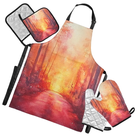 Watercolor Sunset Forest Path Oven Mitts and Pot Holders with Chef Apron Set 5 Pcs Kitchen Cooking Set