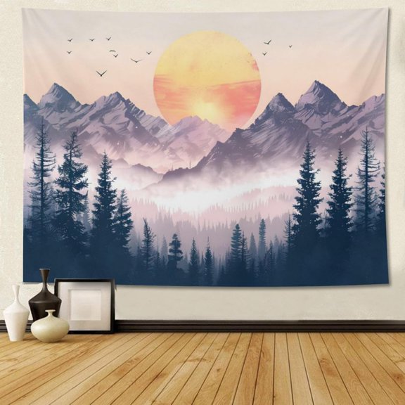 Watercolor Sunset Misty Forest Tapestry Mountain Tapestry Wall Hanging Aesthetic Nature Tapestries 60x90 Inch Nature Landscape Watercolor Tapestries for Bedroom Living Room Backdrop