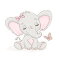 Watercolor Sweet Baby Elephant with Pink Bow & Butterfly Edible Icing ...