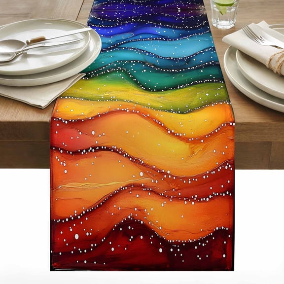 Watercolor Table Runner 13x48 inch Marble Texture Rainbow Wave Beach Cotton Linen Dining Table Runner Ideal for Dresser Kitchen Coffee Tables - Machine Washable