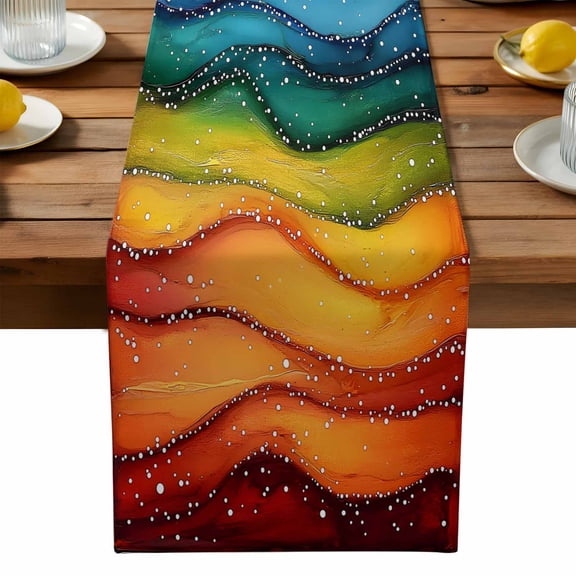 Watercolor Table Runner, Marble Texture Rainbow Wave Beach Kitchen Table Runners Dress Scarves for Table Decorations Party/Restaurant/Indoor Outdoor Use, 13x90in