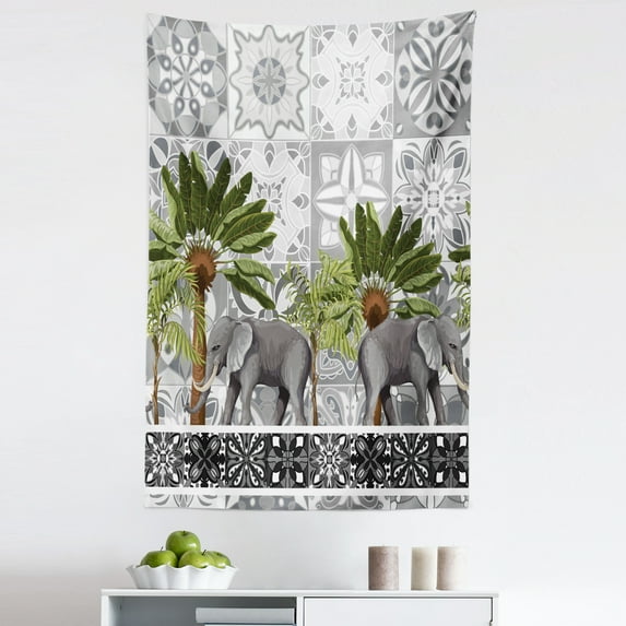 Watercolor Tapestry, Exotic Folk Design of Palm Trees and Tropical Animals on Floral Tiles, Fabric Wall Hanging Decor for Bedroom Living Room Dorm, 5 Sizes, Dimgray Olive Green, by Ambesonne