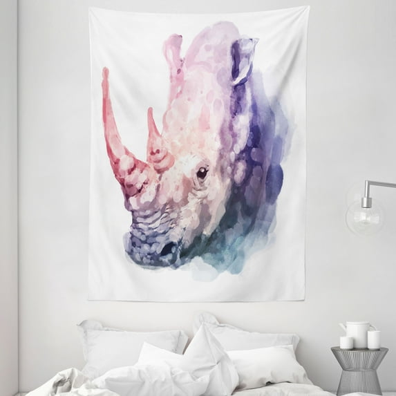 Watercolor Tapestry, Gradient Paintbrush Style Tropical Animal Rhino Safari Artful Paint Print, Wall Hanging for Bedroom Living Room Dorm Decor, 60W X 80L Inches, Lilac and Pink, by Ambesonne