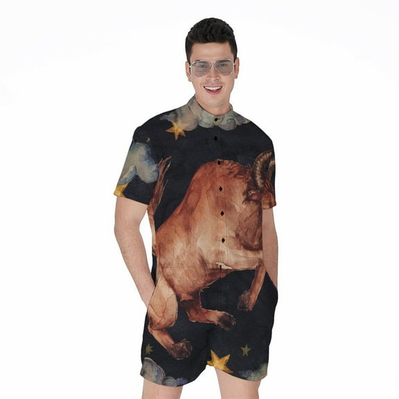 Watercolor Taurus Zodiac Sign Short Sleeve Men'S Rompers, Zodiac Horoscope Casual Summer Jumpsuits Outfit