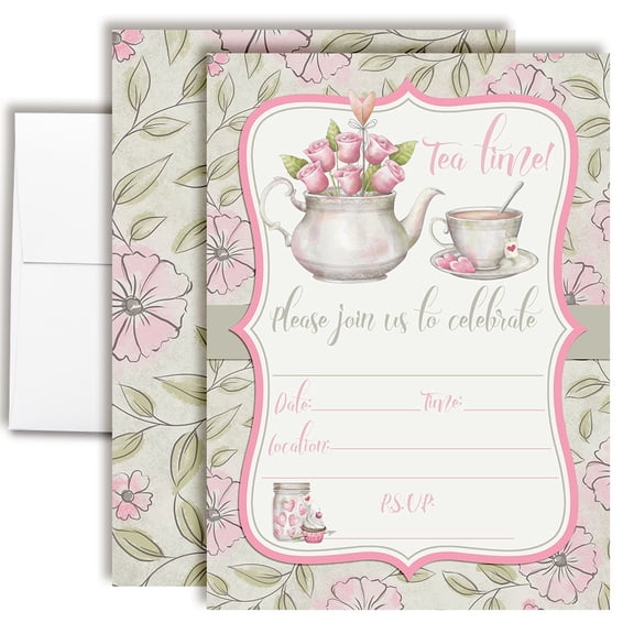 Watercolor Tea Party Birthday Invitations for Kids, 20 Fill-In Cards with Envelopes, 5x7 Children's Birthday Party Invitations, Birthday Party Supplies, Made in USA by Amanda Creation