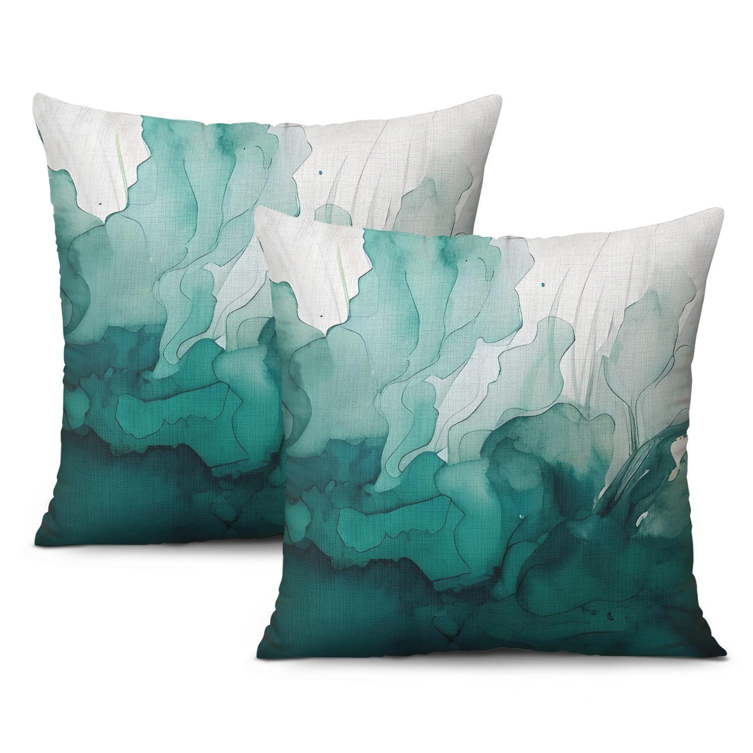 Watercolor Teal Green Throw Pillow Covers 16"x16", Set Of 2, Linen