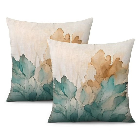 Watercolor Teal Green Throw Pillow Covers 18 X 18 Inch, Set Of 2, Linen Study Sofa Cushion Cover Indoor Living Room Home Decor