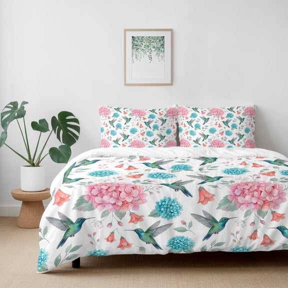 Watercolor Teal Pink Hydrangea California King Size Bed Set,Hummingbird Leaves Plant Bedding for All Seasons,4 Pcs Bed Set with 1 Quiltcover (96"x104"),1 Sheet (110"x98"),2 Pillowcases (20"x36")